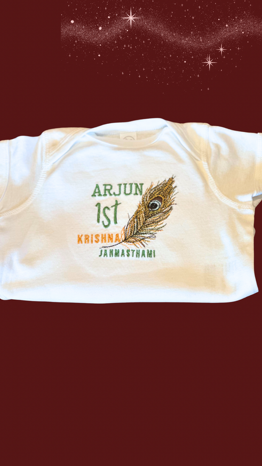 Baby Krishna Janmashtami Outfit – Embroidered Infant Bodysuit First Janmashtami Baby Gift – Hindu Festival Baby Clothes 100% Cotton Onesie