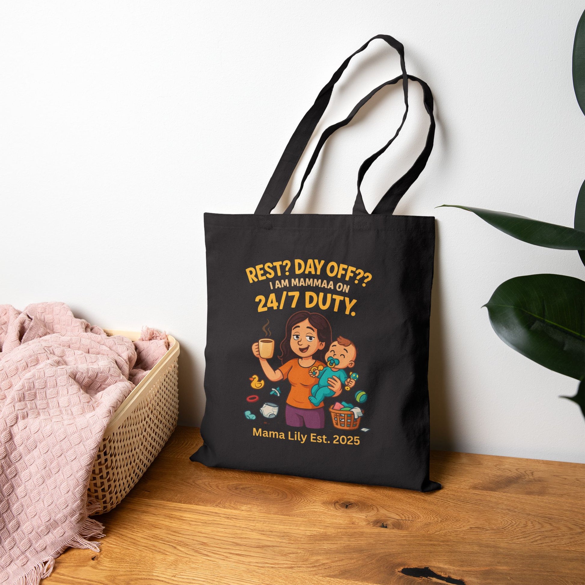 Cotton Canvas Tote Bag - Rest Day Off I am momma on 24/7 duty, Funny personalized gift for mom