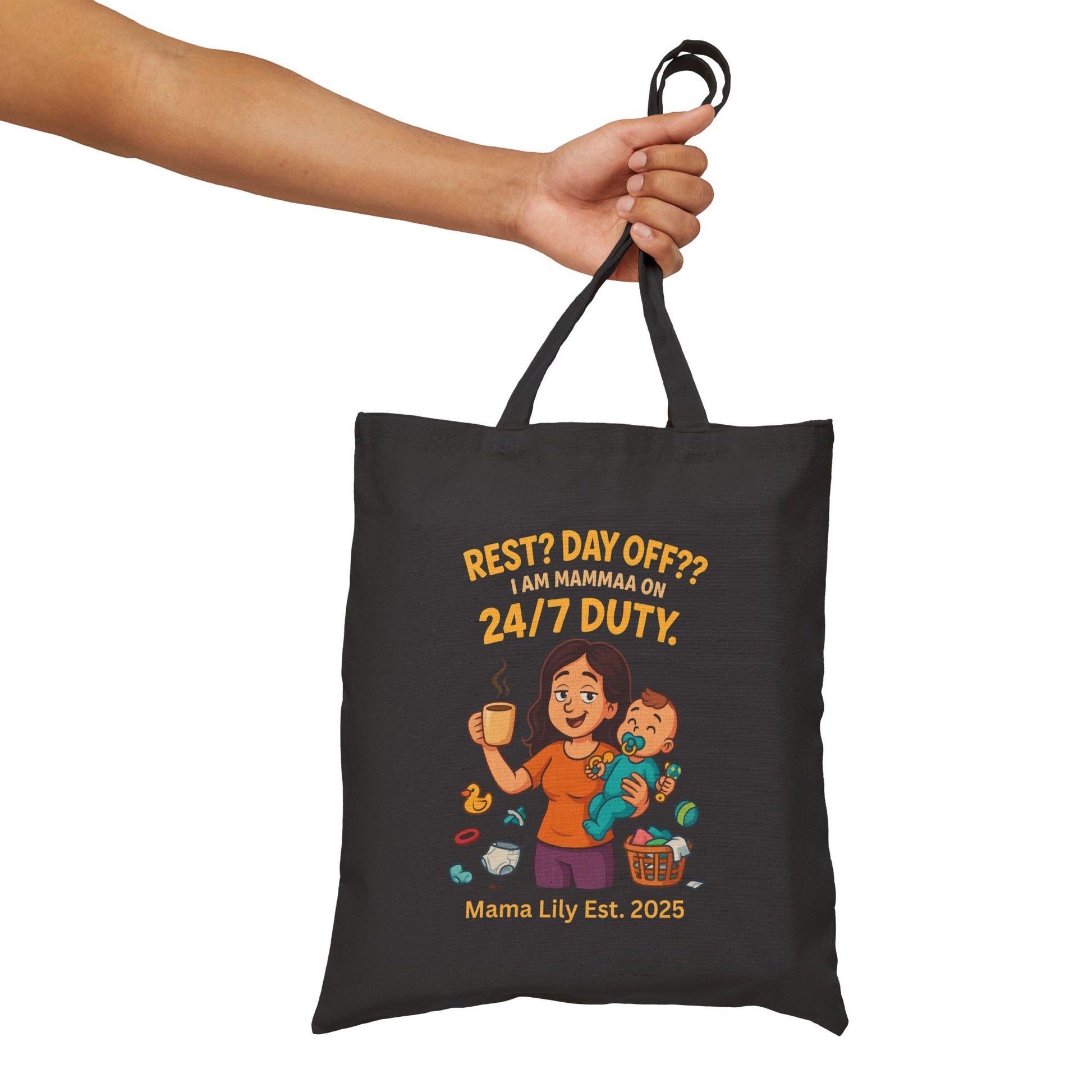 Cotton Canvas Tote Bag - Rest Day Off I am momma on 24/7 duty, Funny personalized gift for mom