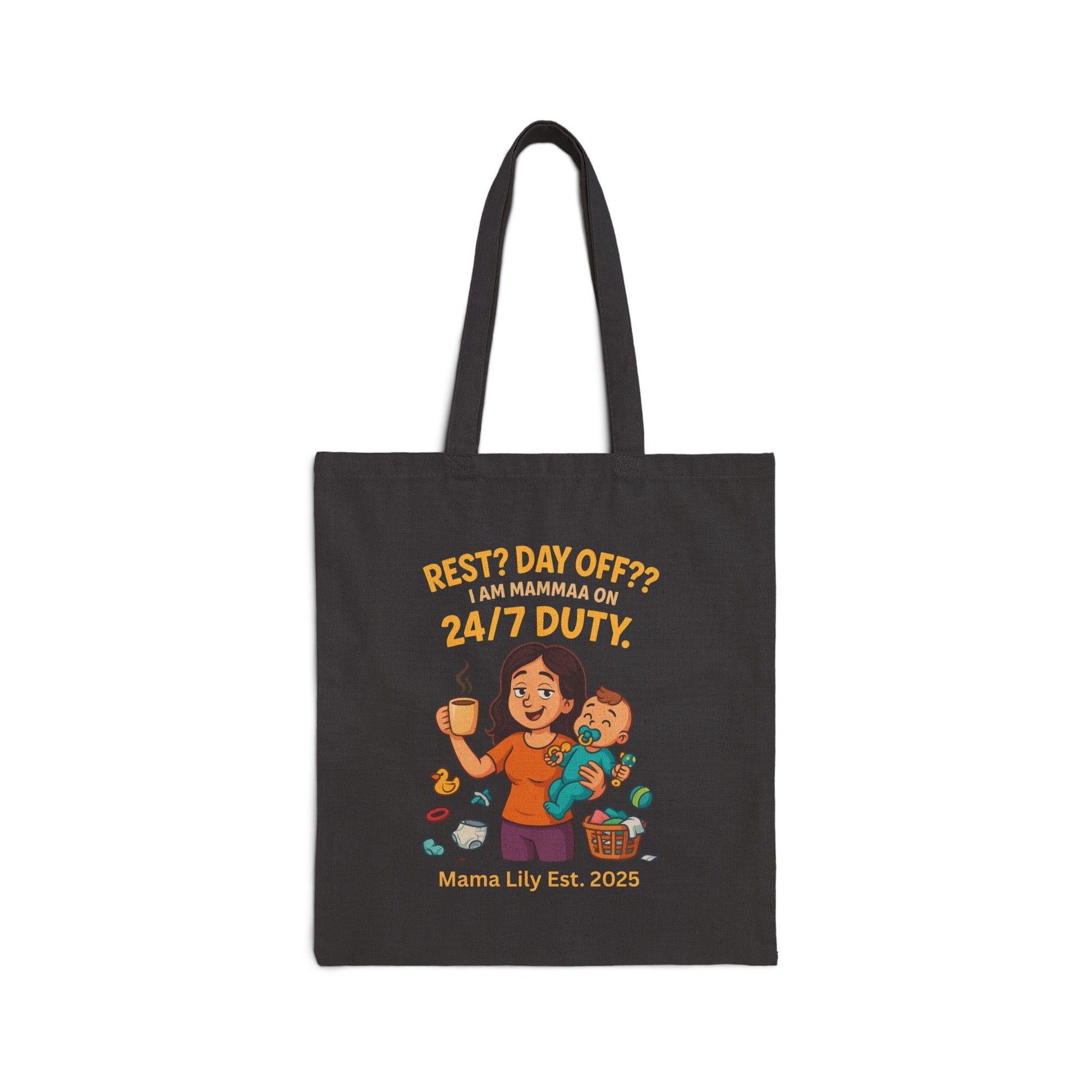 Cotton Canvas Tote Bag - Rest Day Off I am momma on 24/7 duty, Funny personalized gift for mom