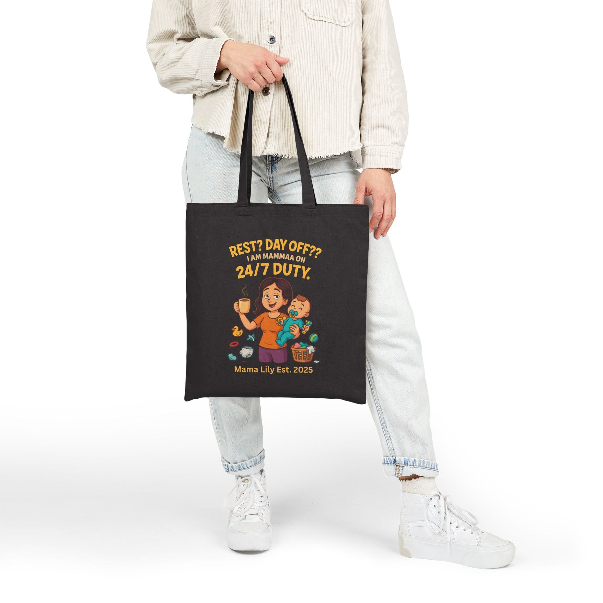 Cotton Canvas Tote Bag - Rest Day Off I am momma on 24/7 duty, Funny personalized gift for mom